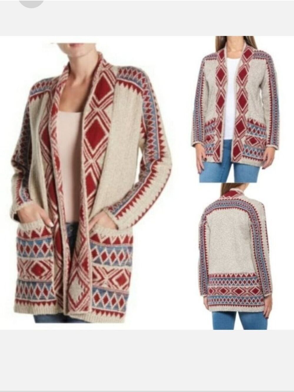 Lucky Brand Red Blue Cream Striped Knit Sweater Cardigan Women's Medium
